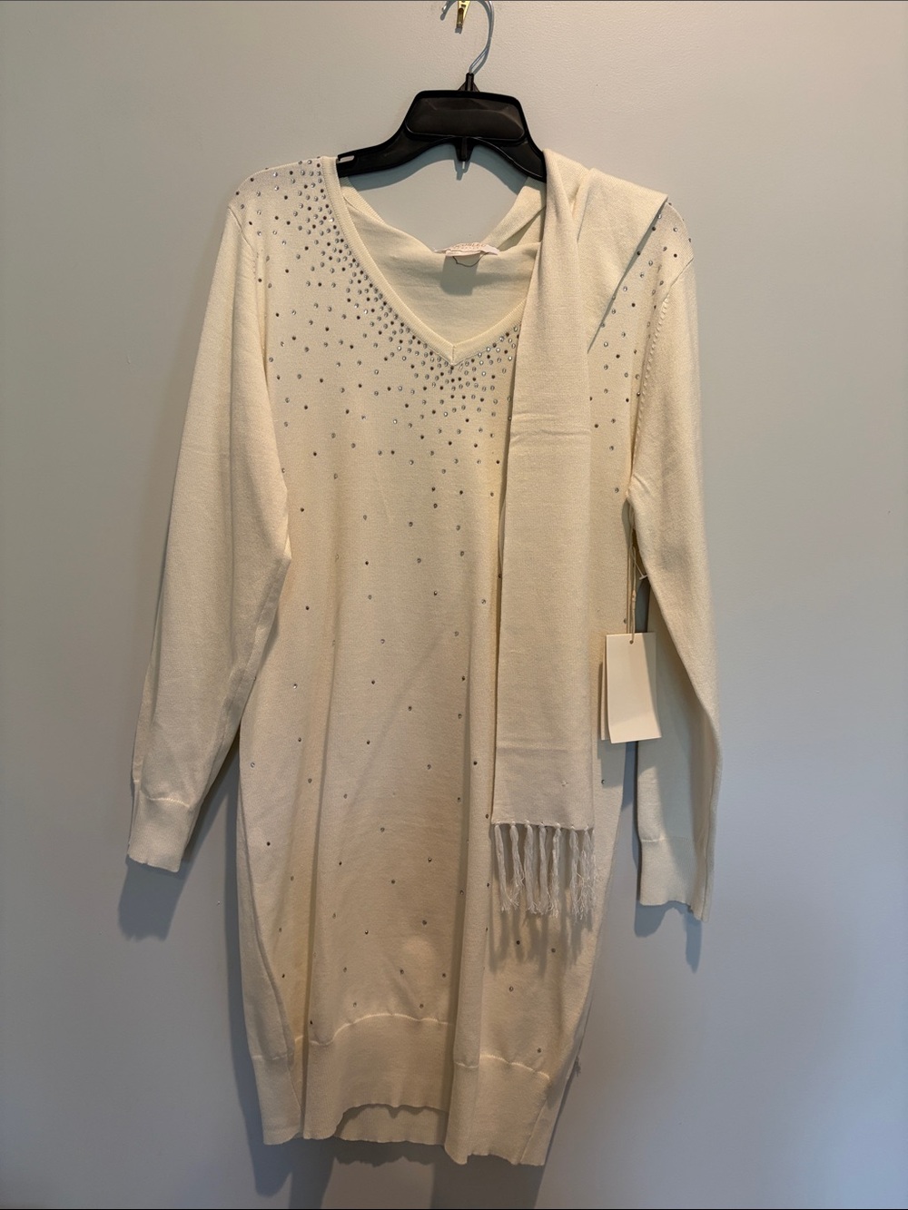 Ivory Long-Sleeve V-Neck Knit Dress with Scarf and Sparkle Details